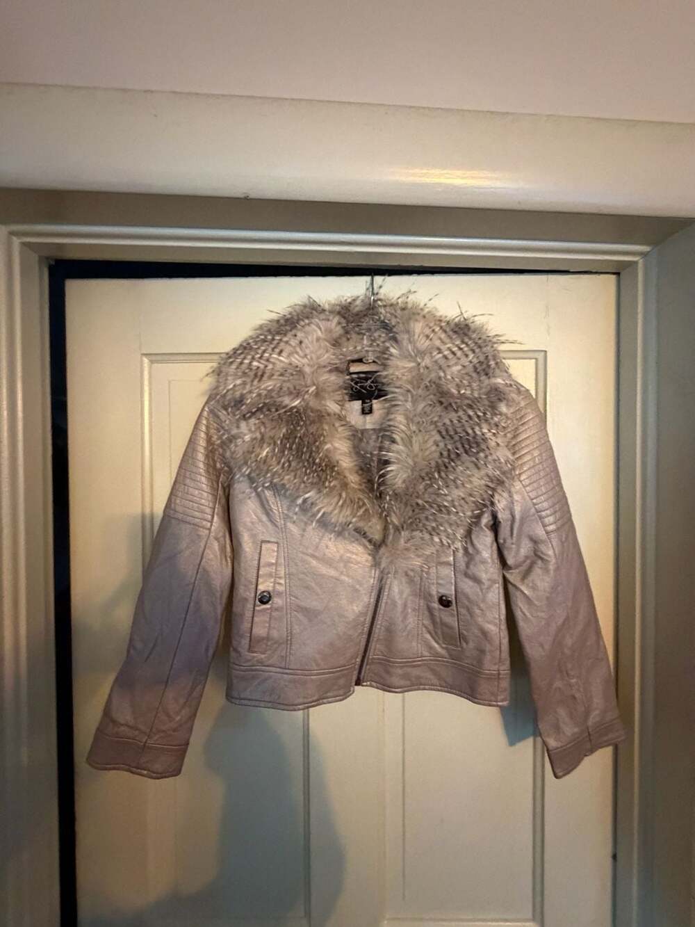Jessica Simpson Faux Leather Jacket Size 10 Pink Fur Trim